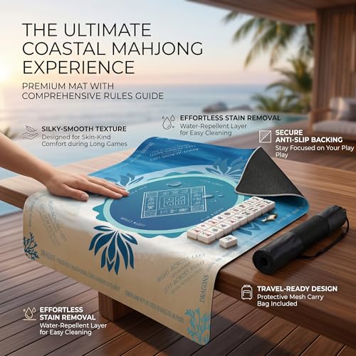Mahjong Mat 2025 Upgraded No-Crease & No Odor Design, 32.3 Inch with Waterproof Velvet, Non-Slip PU Silicone, Lightweight for Noise Reduction, Includes Printed Rules for Tiles and Cards (Ocean) - color: Ocean