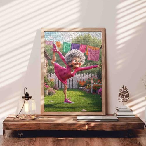 Funny Cartoon Granny Jigsaw Puzzle for Adults 1000 Piece Colorful Backyard Scene Elderly Lady Doing Yoga in Garden 20×27 Inches Puzzles Fun Brain Game for Family and Friends Stress Relief - color: Puzzle-old Woman-03