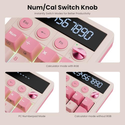 RK ROYAL KLUDGE M20 Wireless Number Pad, Mechanical Numpad with LCD Display, PC Numpad & Calculator Modes, Programmable Numeric Keypad, Bluetooth/2.4G/Wired, RGB Hot-Swappable for Win/Mac - color: Pink