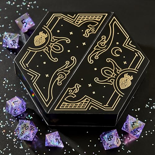 Iridescent DND Dice Set with Glowing LED Display Box – Sharp Edge Polyhedral Dice with Mesmerizing Finish | Bonus Stickers Included | Dungeons and Dragons (TTRPG) Dice Set - color: (Non-liquid Core) Iridescent - Umbral Gleam