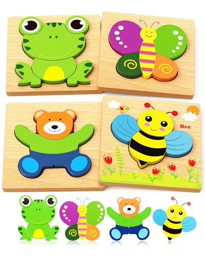 Bekayshad Wooden Puzzles for Toddlers 1-3, Montessori Toys for 1 2 Year Old | Toddler Puzzles, 1 2 Year Old Boy Girl Birthday Gifts, 4 Pack Animal Shape Jigsaw Puzzles, Learning Educational Preschool Toy - color: 4pcs