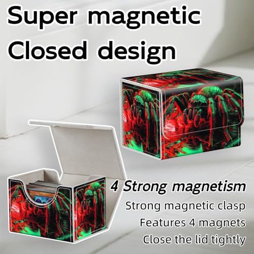 Trading Card Storage Box, Holds 100+ for MTG Cards, PU Leather with Magnetic Closure, Neon Tarantula on Reflective Surface Durable Deck Box for Magic the Gathering, Trading Card Games - color: Neon Tarantula on Reflective Surface