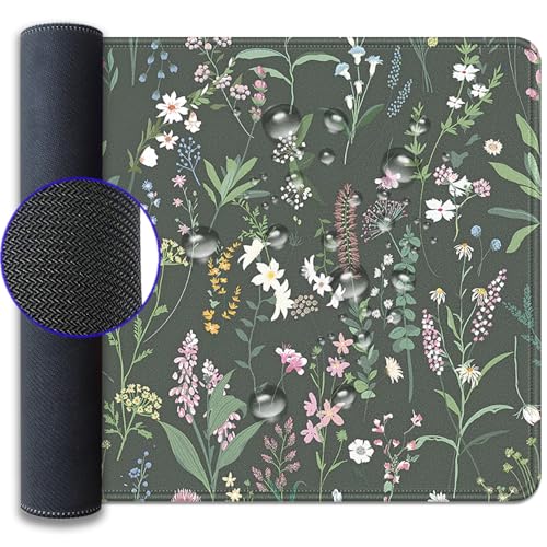 Green Plant and Floral Mouse Pad,Large Flowers Mousepad Desk Pad with Stitched Edges,Non-Slip Waterproof Rubber Base Mouse Mat for Office Computer Keyboard Laptop Home 27.5x11.8 in - color: Black background with small flowers