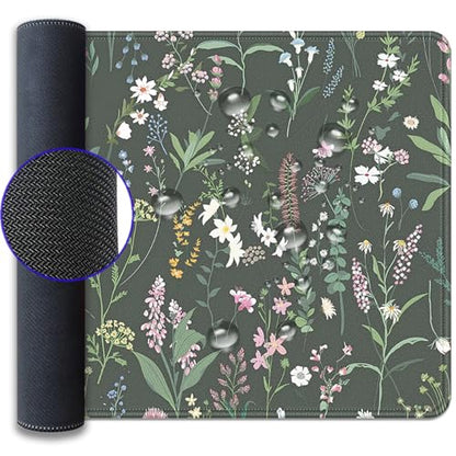 Green Plant and Floral Mouse Pad,Large Flowers Mousepad Desk Pad with Stitched Edges,Non-Slip Waterproof Rubber Base Mouse Mat for Office Computer Keyboard Laptop Home 27.5x11.8 in - color: Black background with small flowers