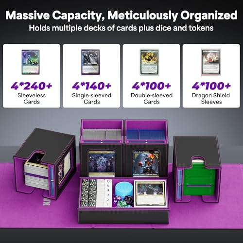 Kabinka Commander Deck Box for MTG with Handle, Multi Deck Case | with Large Dice Tray Fits 400+ Double-Sleeved Cards, 5 IN 1 TCG Card Storage Box, 35PT Card Holder (Black Purple) - color: Black Purple