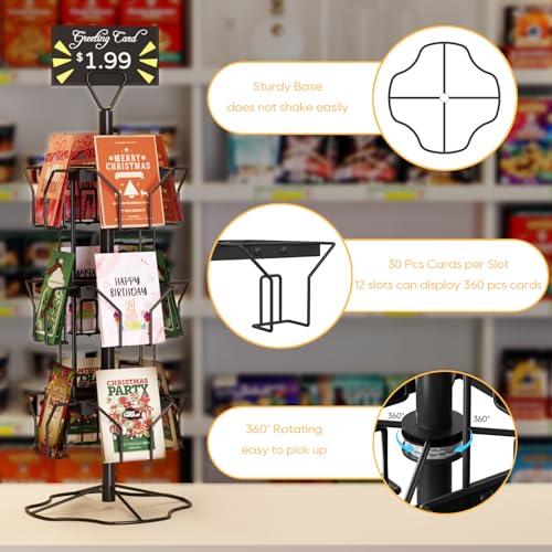 ORLESS Greeting Card Rack Display Stand, 3 Tier Rotating Card Holder Display Retail, 12 Pocket Metal Postcard Holder Display Stand, Greeting Card Holder for Postcards, Brochures, Stickers, Showcase(Black) - color: Black
