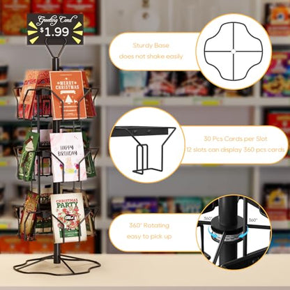 ORLESS Greeting Card Rack Display Stand, 3 Tier Rotating Card Holder Display Retail, 12 Pocket Metal Postcard Holder Display Stand, Greeting Card Holder for Postcards, Brochures, Stickers, Showcase(Black) - color: Black