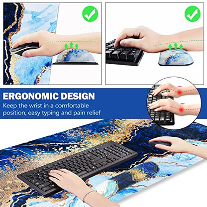 ARTSO Large Gaming Mouse Pad, Keyboard Wrist Rest Pad & Wrist Support Mousepad Set, Stitched Edge, Extended, Non-Slip Base, Memory Foam,Multifunctional Desk Mat 4pcs for Office & Home, Blue Marble - color: Blue Marble