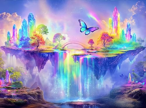 1000 Piece Jigsaw Puzzle for Adults - Fantasy Butterfly and Rainbow Crystal Waterfall - Magical Landscape - Challenging Puzzle Perfect for Game Nights. 20x27 inches - color: Rainbow Falls
