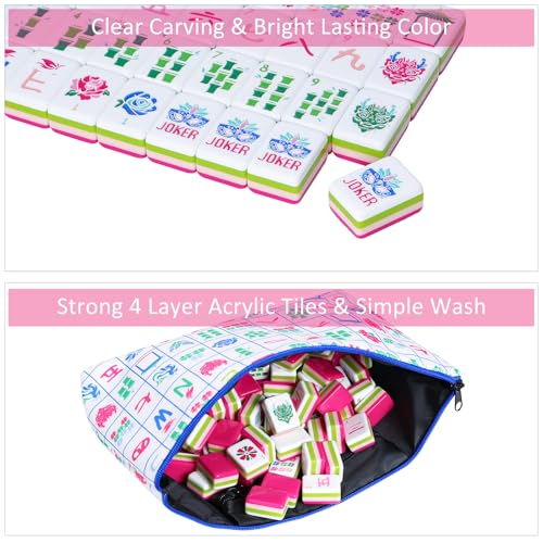 Jongyance American Mahjong Tile Set(4 Layer),160 Acrylic Engraved Mahjong Tiles, Mahjong Tiles Bag and Accessories - color: Magenta