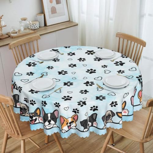 Paw Print Table Cloths, Rustic Watercolor Blue Footprint Cartoon Puppy Bone Love Animal Coffee Kids Baby Table Cover Decor for Kitchen Book Club Room Birthday Outdoor Home Party, 60" Round - color: Dog-5, size: 60" (Round)
