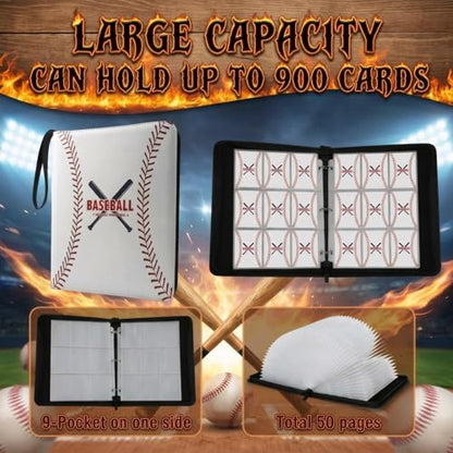 Trading Card Binder 9 Pocket, White Baseball Card Binder Holds 900 Cards with 50 Removable Sleeves, Waterproof PU Leather with Zipper Card Collector Album Book Compatible with TCG Cards - color: White Baseball