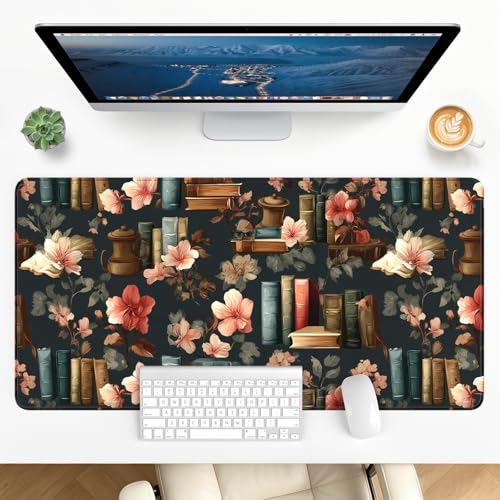 Large Gaming Mouse Pad, XL Desk Protector, Non-Slip Base | 31.5x15.7 in Extended Desk Mat with Stitched Edges for Keyboard, Work, Game, Office, Home PC and Laptop - color: Floral Books