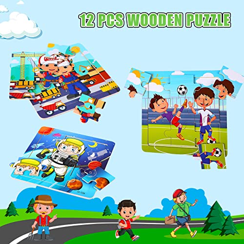 SANNIX 12 Pack Wooden Jigsaw Puzzles for Toddlers, Characters Puzzles | for Kids Party Favors, Educational Puzzles Learning Travel Toy with 12 Organize Bags - style: Characters