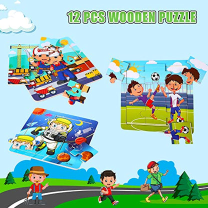 SANNIX 12 Pack Wooden Jigsaw Puzzles for Toddlers, Characters Puzzles | for Kids Party Favors, Educational Puzzles Learning Travel Toy with 12 Organize Bags - style: Characters