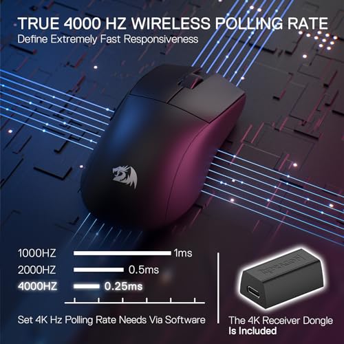 Redragon M916 PRO 3-Mode Wireless Gaming Mouse, Hype-Speed 4K Polling Rate, 49G Ultra-Light 26K DPI Mouse w/Ergonomic Natural Grip Build, Redefinable Macro Buttons, Software Supported - color: Black, style: 4K Hz