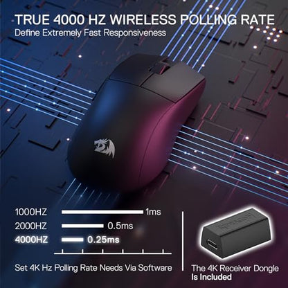 Redragon M916 PRO 3-Mode Wireless Gaming Mouse, Hype-Speed 4K Polling Rate, 49G Ultra-Light 26K DPI Mouse w/Ergonomic Natural Grip Build, Redefinable Macro Buttons, Software Supported - color: Black, style: 4K Hz