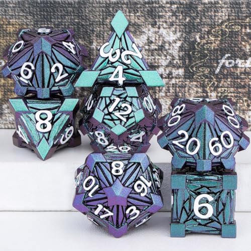 7PCS Metal DND Dice Set with Box, Debris RPG Green Purple D and D Dice for use with D&D Tabletop Games Role Playing Game Polyhedral Dice Set D20 D12 D10 D8 D6 D4 - color: Purple Green&white