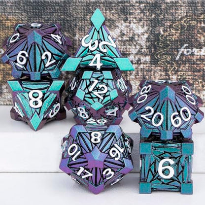 7PCS Metal DND Dice Set with Box, Debris RPG Green Purple D and D Dice for use with D&D Tabletop Games Role Playing Game Polyhedral Dice Set D20 D12 D10 D8 D6 D4 - color: Purple Green&white