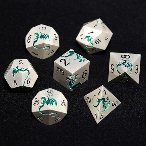 Silver Green Dragon Metal Dice Set,7 PCS Heavy Zinc Alloy DND Dice with Magnetic Gift Box for Tabletop RPG & Dungeons & Dragons Games (Silver Green Dragon) - color: Matte Sliver Green