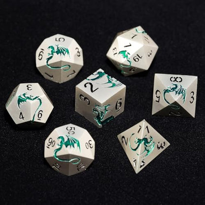 Silver Green Dragon Metal Dice Set,7 PCS Heavy Zinc Alloy DND Dice with Magnetic Gift Box for Tabletop RPG & Dungeons & Dragons Games (Silver Green Dragon) - color: Matte Sliver Green