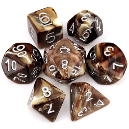 Haxtec Coffee DND Dice Set 7PCS Polyhedral D&D Dice for Roleplaying Games, D20 with Espresso Cup Icon, Latte Resin Dice with Velvet Pouch for Dungeons and Dragons, Great Gift for DND Lovers & Gamers - color: Coffee
