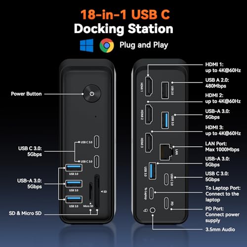 TobenONE 18 in 1 Laptop Docking Station 3 Monitors,Triple 4K HDMI,9 USB C/A | Docking Station with 3HDMI,Ethernet,PD 3.0,Fits Triple Monitor Office Work,for Windows/Dell/Lenovo Laptops (No Power Adapter)
