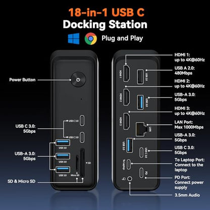 TobenONE 18 in 1 Laptop Docking Station 3 Monitors,Triple 4K HDMI,9 USB C/A | Docking Station with 3HDMI,Ethernet,PD 3.0,Fits Triple Monitor Office Work,for Windows/Dell/Lenovo Laptops (No Power Adapter)
