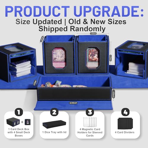 Trading Card Storage Box with Commander Display for MTG, TCG, Sports Cards, 5-in-1 Card Deck Box, Holds 450+ Double-Sleeved Cards, 4 Individual Deck Cases with Covers, Dice Tray & Magnetic Holders - color: Black & Blue
