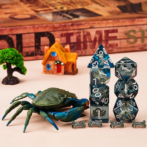 DND Resin Crab Dice Set, Red D&D Polyhedral Dice for Dungeons and Dragons RPG, MTG Role Playing Games D and D Dice 7pc D20 D12 D10 D8 D6 D4 for Ages 15 and Up - color: Green Crab