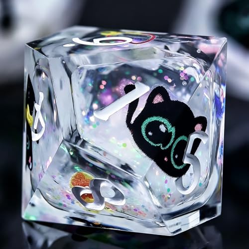 WizardsAracanum Cat Liquid Quicksand DND Dice Set Resin 7Pcs Dice DND with an Iron Box for DND COC Role Playing dice Games and Board Games Gift (Glitter Rainbow Cat) - color: Rainbow Giltter Cut Cat