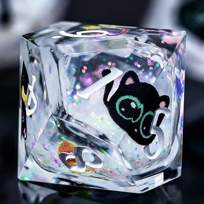 WizardsAracanum Cat Liquid Quicksand DND Dice Set Resin 7Pcs Dice DND with an Iron Box for DND COC Role Playing dice Games and Board Games Gift (Glitter Rainbow Cat) - color: Rainbow Giltter Cut Cat