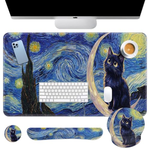 Arttown Keyboard Mouse Pad Set, 4 in 1 Desk Mat Set Cat Moon | Star Blue Large Mousepad+Keyboard Wrist Rest+Mouse Wrist Rest+Coaster Ergonomic Design for Home Office Computer - color: Cat Moon