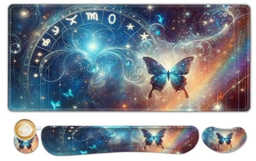 ToLuLu Large Mouse Pad Desk Pad Set, Wrist Rest Support Desk Mat for Keyboard and Mouse, 4PCS 35.4”x15.7 XXL Giant Mouse Pad, Non-Slip Base Stitched Edges Mousepad Home Office, Glittering Butterfly - color: Glittering Butterfly