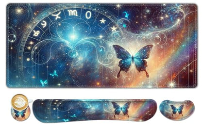 ToLuLu Large Mouse Pad Desk Pad Set, Wrist Rest Support Desk Mat for Keyboard and Mouse, 4PCS 35.4”x15.7 XXL Giant Mouse Pad, Non-Slip Base Stitched Edges Mousepad Home Office, Glittering Butterfly - color: Glittering Butterfly