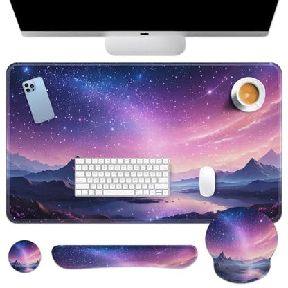 Arttown Keyboard Mouse Pad Set, 4 in 1 Desk Mat Set Galaxy Nebula | Night Sky Mountains Large Mousepad+Keyboard Wrist Rest+Mouse Wrist Rest+Coaster Ergonomic Design for Home Office Computer - color: Purple Starry Sky