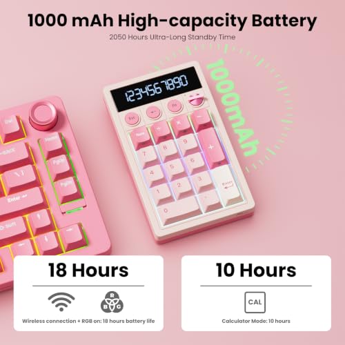 RK ROYAL KLUDGE M20 Wireless Number Pad, Mechanical Numpad with LCD Display, PC Numpad & Calculator Modes, Programmable Numeric Keypad, Bluetooth/2.4G/Wired, RGB Hot-Swappable for Win/Mac - color: Pink
