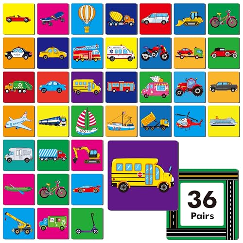 Hebayy Vehicle Matching Game, 72 PCS Traffic Memory Matching Cards for Toddlers 36 Pairs Transportation Memory Cards Educational Toys for Preschool Boys & Girls 4 5 6 Years Old - style: Vehicle