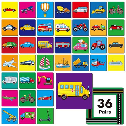 Hebayy Vehicle Matching Game, 72 PCS Traffic Memory Matching Cards for Toddlers 36 Pairs Transportation Memory Cards Educational Toys for Preschool Boys & Girls 4 5 6 Years Old - style: Vehicle