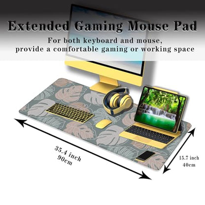 Large Desk Mat Green, Gaming Mouse Pads Office Desk Pad, Keyboard Desk Mat Non-Slip Rubber Base Waterproof with Stitched Edges, 35.4 X 15.7 inch for Work/Game/Office/Home Tropical Monstera - color: Tropical Green Monstera