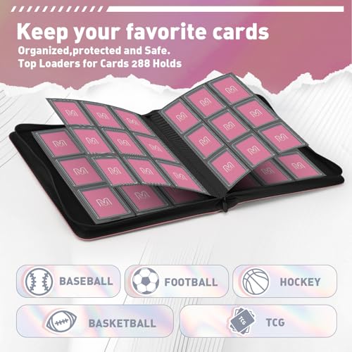 Toploader Binder, 9-Pocket 288 Cards Holder for 3"x4" Rigid Card Sleeves | Top Loader Binder with Sleeves Trading Card Binder for TCG,Sport Cards, PU Leather Cover, Side Loading (9 Pink) - color: 9Pink7