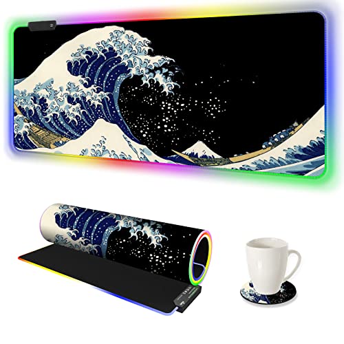 RGB Gaming Mouse Pad Large, AIMSA Keyboard Led Mousepad Extended 35.4 x 15.8 inch Non-Slip Rubber Base with 14 Lighting Modes, Big Desk Mat Waterproof, Big Waves - color: Big Waves