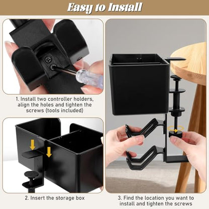 5 in 1 Controller Holder - Desk Cup Holder and Headphone Hanger, Rotatable Under Desk Clamp Organizer Dual Gamepad Headset Stand Gaming Desks Accessories for Xbox, PS4, PS5, PC, Switch