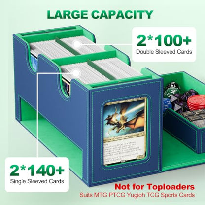 UAONO 3-in-1 MTG Commander Deck Box, Blue Green | 2 Magnetic Card Holders & 1 Dice Tray, Fits 200 Double Sleeved, Card Organizer Compatible with Magic the Gathering - color: Blue&Green