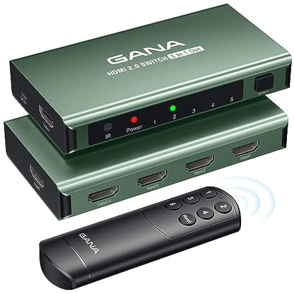 HDMI Switch 5 in 1 Out 4K@60Hz, GANA HDMI Splitter Switcher with Remote, Aluminum HDMI 2.0 Switch Box Hub for 3D, HDCP2.2, HDR, Compatible with Xbox, PS5/4/3,Fire Stick,Roku,Blu-Ray Player, Green - color: Green