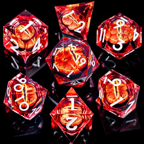 ARUOHHA DND Resin Dice Gazes Eye Dice Silver Red Liquid Core Flaming RPG Sharp Edged Dice Set with Gift Box, Polyhedral D and D Dice Set Compatible with Dungeons Dragons Role Playing Game D20 D6 - color: Sl01-red Silver