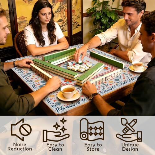 Blue and Red Floral Chinoiserie Mahjong Mat 31.5 x 31.5 in, Oriental Chinese Non-Slip Noise Reduction Gaming Mat for Table American Mahjong Poker Board Games Card Games Dominoes - color: Red & Blue Pattern Mahjong Mat