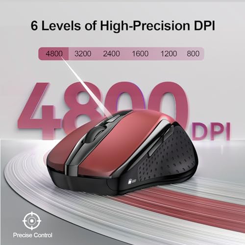 TECKNET Wireless Mouse, BT 5.0/2.4G, Silent 4800 DPI 6 Buttons, Red | Bluetooth 5.0/3.0 & USB A, 2-Device Easy Switch, Wide OS Compatible, 6-DPI, Ergonomic for S/M Hands, Extended Battery - color: Red