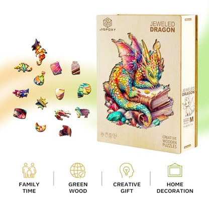 Jigfoxy Wooden Puzzles for Adults, Jeweled Dragon Wood Puzzle for Adults, Unique Animal-Shaped Wooden Jigsaw Puzzle, Christmas Thanksgiving Gifts for Family and Friends (M-11.4 * 10.7in-185pcs) - size: Medium