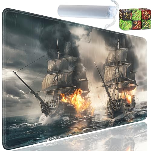 Playmat for MTG, 24x14 Inches Playmats, for TCG and CCG Trading Card Game Mat, Non-Slip Rubber for MTG Playmats with A Storage Bag and 6 Dice Set, Epic Sea Battle Pattern - color: Yu-Playmat-1-A27